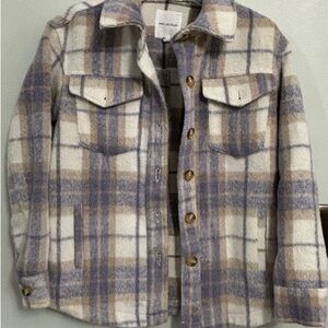 AVEC LES FILLES Plaid Shacket Fleece Jacket in Lavender Purple and Cream Size M